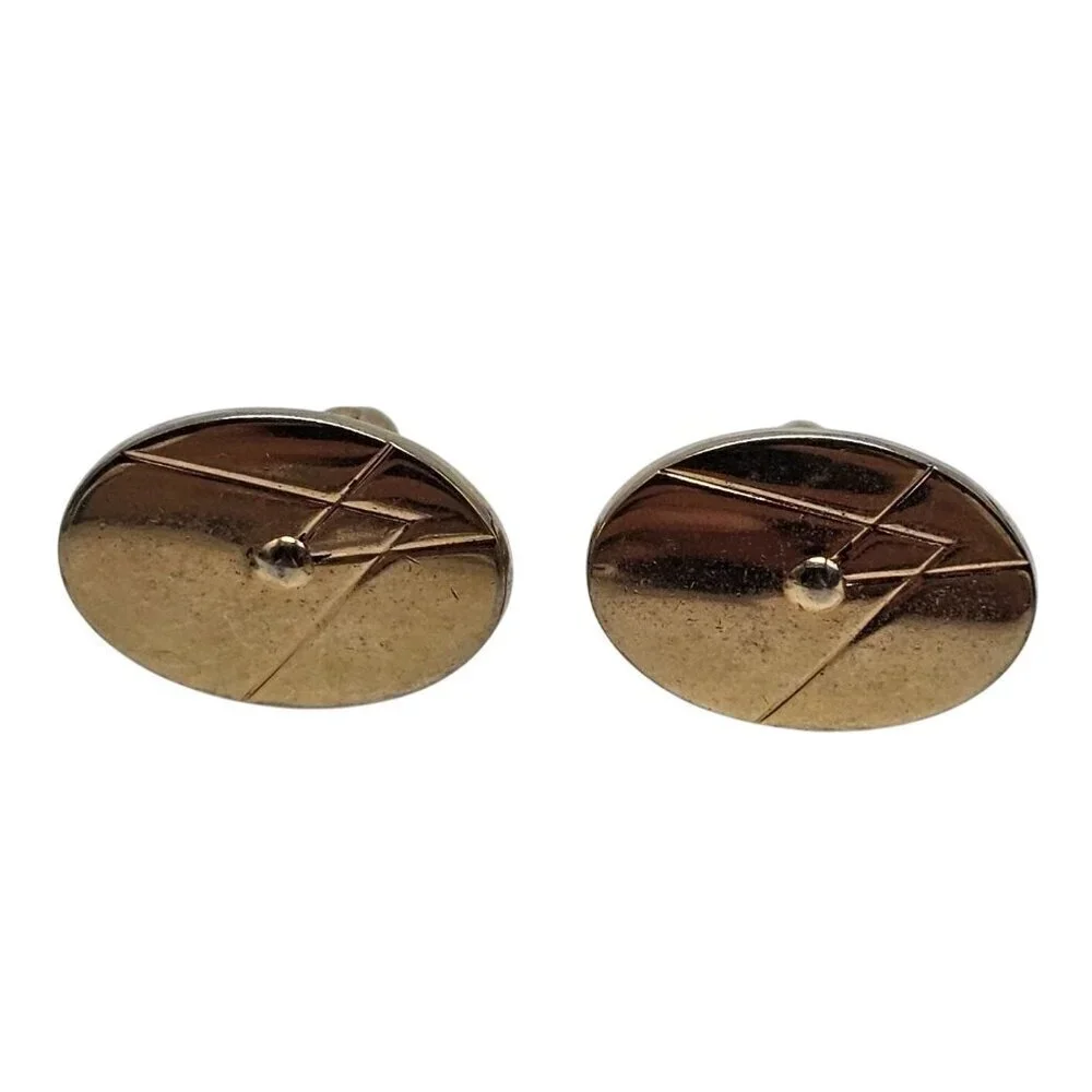 Vintage Gold Oval Cufflinks With Geometric Engraving Mid Century